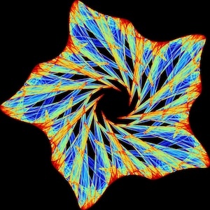 Könnte beinhalten: Ein digitales Fraktal-Kunstwerk mit einem sternförmigen Muster mit sechs Zacken. Das Design besteht aus komplexen, überlappenden Linien in leuchtenden Rot-, Orange-, Gelb- und Blautönen, die einen wirbelartigen Effekt vor einem schwarzen Hintergrund erzeugen.