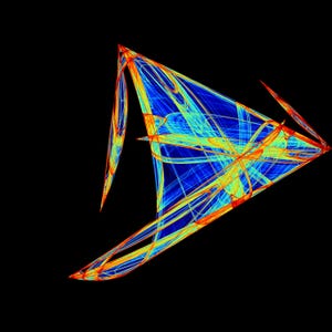 Könnte beinhalten: Ein digitales Fraktal-Kunstwerk mit einer dreieckigen, segelartigen Form, die aus komplexen, leuchtenden Linien in lebhaften Tönen von Elektroblau, hellem Gelb und feurigem Orange besteht, vor einem soliden, tiefschwarzen Hintergrund.