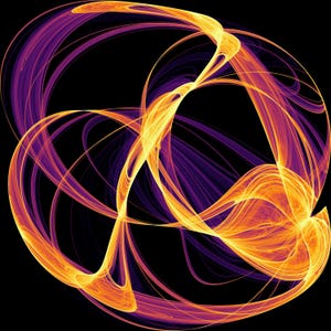 Könnte beinhalten: Eine digitale abstrakte Grafik mit leuchtend orangefarbenen und tiefvioletten Lichtspuren, die sich vor einem einfarbigen schwarzen Hintergrund wirbelnd überschneiden und ein komplexes, fließendes Muster aus ineinandergreifenden Schleifen bilden.