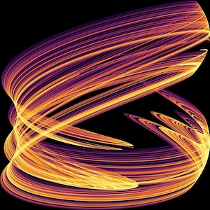 Könnte beinhalten: Eine digitale abstrakte Grafik mit wirbelnden, leuchtenden Linien in lebhaften Orange-, Gelb- und tiefen Violetttönen. Die Komposition erzeugt einen komplexen, dreidimensionalen Vortex-Effekt vor einem soliden schwarzen Hintergrund mit Lichtspuren.