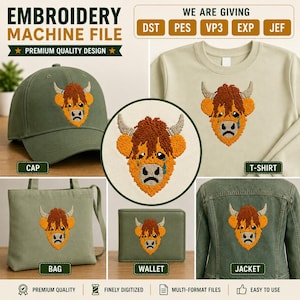 Highland Cow Embroidery Design, Sad Cow Face Machine File, Cow Head Embroidery, DST PES VP3  JEF, Cap Shirt Jacket Design
