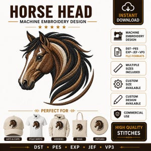 Puede incluir: Un diseño de bordado a máquina con una cabeza de caballo marrón y negra con una mancha blanca. El archivo digital incluye etiquetas de texto para formatos como DST, PES, EXP, JEF y VP3, y muestra el diseño aplicado en una gorra, polo, sudadera, bolsa y parche.
