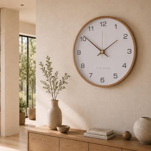 Japandi Holzwanduhr, geräuschlose skandinavische Uhr für die Wohnzimmerdekoration
