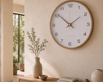 Japandi Wooden Wall Clock, Silent Scandinavian Clock for Living Room Decor