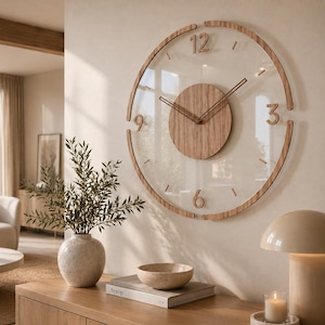 Modern nordisk väggklocka, minimalistisk trä- och akryldesign för vardagsrum och kontor