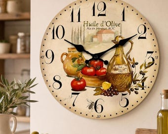 Relógio de parede vintage provençal - Decoração rústica para cozinha estilo fazenda com design de azeite.