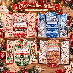 May include: Four Christmas-themed pull-tab gift card holders featuring festive designs including candy canes, a snowman, an elf, and gingerbread houses with text such as Sweet Surprises Inside and Snowy Surprises Inside.