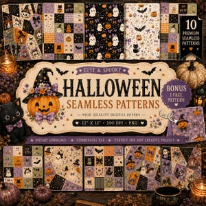 ハロウィンのシームレスパターン、かわいい不気味なドクロ、ゴースト、カボチャのデジタルペーパーバンドル、パッチワークキルトPNG、ファブリック昇華 | JyoDigitalStudi