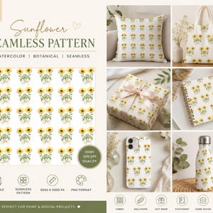 Könnte beinhalten: Ein digitaler Download mit einem nahtlosen Aquarell-Sonnenblumenmuster. Das Design zeigt gelbe Sonnenblumen mit grünen Stielen auf weißem Hintergrund, angewendet auf ein Kissen, eine Tragetasche, Geschenkpapier, ein Notizbuch und eine Trinkflasche.