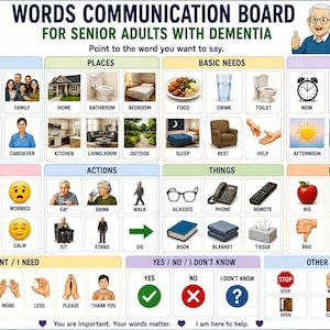 May include: A white communication board for senior adults with dementia, featuring categorized grids with illustrations and text labels for people, places, needs, time, feelings, actions, things, and descriptors to facilitate daily interaction.