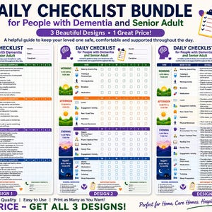 May include: A digital bundle of three daily checklist templates for people with dementia and senior adults. Each checklist features sections for morning, afternoon, evening, and night tasks, including icons, task descriptions, and space for notes.