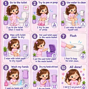Könnte beinhalten: Ein rosa Lernposter mit dem Titel My Toilet Routine, das ein Cartoon-Kind bei zehn Schritten der Toilettenhygiene zeigt. Die Grafik enthält Illustrationen zum Toilettengang, zur Reinigung mit Wasser, zum Abtrocknen und zum Händewaschen.