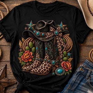 May include: A black t-shirt featuring a graphic print of a dark cowboy hat with a leopard print bow, a pair of matching leopard print cowboy boots, turquoise accents, coiled ropes, green cacti, and orange flowers arranged in a decorative design.
