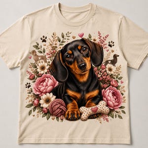 Puede incluir: Una camiseta beige con un gráfico central de un perro salchicha negro y fuego rodeado de peonías rosas, flores blancas, hojas verdes, pequeñas huellas y corazones. El perro apoya sus patas delanteras sobre un juguete beige con forma de hueso.