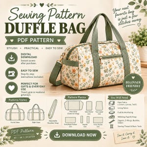 Puede incluir: Una bolsa de deporte con fondo crema y un estampado floral de flores naranjas y verdes. La bolsa cuenta con asas de color verde oliva, una correa para el hombro a juego y un bolsillo lateral con cremallera. La imagen incluye texto sobre un patrón.