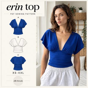 May include: A royal blue top with a deep V-neckline, flutter sleeves, and a ruched bodice. The image includes text reading 'erin top', 'PDF SEWING PATTERN', 'XS-XXL', and 'ellie threads', alongside three technical line drawings labelled A, B, and C.