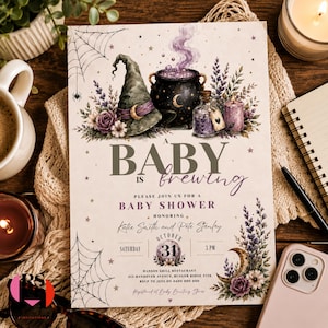 May include: A rectangular baby shower invitation card featuring a witch hat, a black cauldron with purple smoke, a glass bottle, and a purple candle. The text reads A BABY IS BREWING, PLEASE JOIN US FOR A BABY SHOWER, honoring Katie Smith and Pete Stanley, October 31, 3 PM.