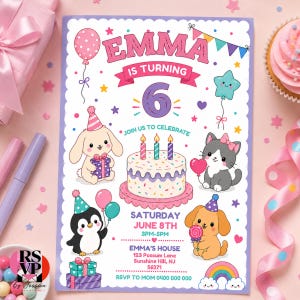 May include: A birthday invitation card featuring the text EMMA IS TURNING 6, JOIN US TO CELEBRATE, SATURDAY JUNE 8TH, 3PM-5PM, EMMA'S HOUSE, 123 POSSUM LANE, SUNSHINE HILL, NJ 56271, RSVP TO MOM 0400 000 000, with illustrations of animals and cake.