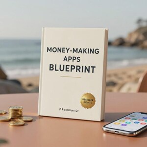 May include: A white book titled Money-Making Apps Blueprint with a gold Reseller Rights seal, authored by P Reimrun Dr, accompanied by a stack of gold coins and a smartphone displaying various app icons on its screen.