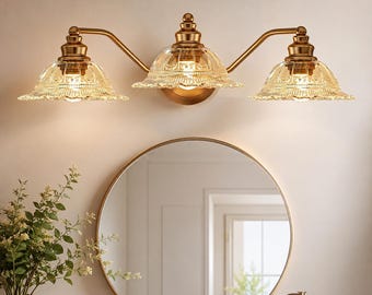Vintage Brass Bathroom Vanity Light, 3-Light Amber Glass Wall Sconce, Farmhouse Lighting Fixture