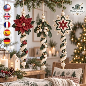 May include: Three hanging crochet ornaments featuring a red poinsettia, a mistletoe sprig with white berries, and a star-shaped snowflake design. Each piece has a spiraling cream and green base accented with gold beads and small red berries.