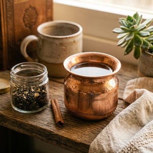 May include: A polished copper vessel with a wide rim and horizontal grooves, filled with dark liquid. Beside it sits a clear glass jar containing loose tea leaves, a single cinnamon stick, a ceramic mug, and a small green succulent plant.