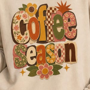 Coffee Season Sweatshirt, Retro Patchwork Fall Crewneck, Groovy Coffee Lover Gift, Checkered Boho Autumn Sweater, Pumpkin Spice Top