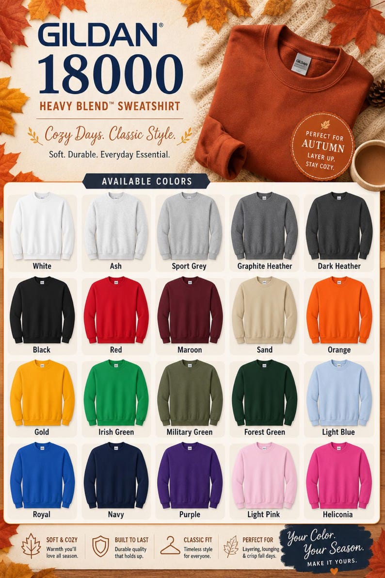 Op de afbeelding: Een Gildan 18000 Heavy Blend sweatshirt in roestoranje, weergegeven naast een kleurenkaart met twintig verschillende effen kleuropties, waaronder wit, as, grijs, zwart, rood, bordeaux, zand, oranje, goud, groen, blauw en roze, met tekst.