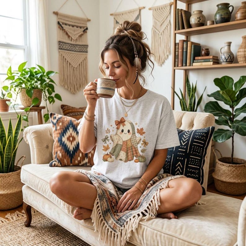 Op de afbeelding: Een lichtgrijs t-shirt met korte mouwen en een afbeelding van een geest met een strik, omringd door herfstbladeren en kleine pompoenen. De geest heeft een patchworkpatroon in gedempte aardetinten van bruin, groen en oranje.