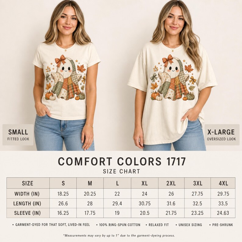 Op de afbeelding: Een cr&egrave;mekleurig t-shirt met een afbeelding van een geest met een strik, omringd door herfstbladeren en pompoenen. Het t-shirt wordt getoond in een kleine getailleerde look en een extra grote oversized look, inclusief een Comfort Colors 1717 maattabel.