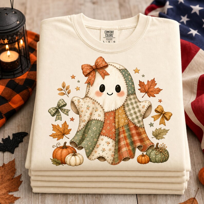 Op de afbeelding: Een cr&egrave;mekleurig t-shirt met een afbeelding van een geest gemaakt van patchworkstof met een strik op het hoofd. De geest is omringd door herfstbladeren, kleine sterren en pompoenen. Het binnenlabel vermeldt Comfort Colors L G G.