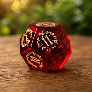 May include: A translucent red polyhedral die with gold-colored engraved numbers and intricate circular script patterns surrounding each numeral. The die features a prominent number eleven on the top face and a number ten on the lower front face.