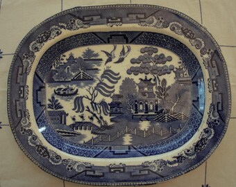 Rara bandeja de Thomas Fell & Co. con diseño Willow de principios del siglo XIX - 42 cm – Excelente estado, sin defectos visibles