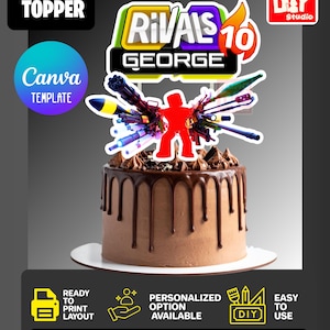 Puede incluir: Una plantilla digital para decoración de pasteles con el texto Rivals 10 George, una silueta roja y varios gráficos de armas. El diseño se muestra sobre un pastel de chocolate con glaseado de goteo e incluye la marca Canva.