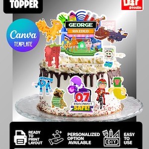 Puede incluir: Una plantilla digital para decoración de pasteles con personajes pixelados y gráficos de juegos, incluyendo texto que dice GEORGE RAIDED, GATE LOCKED, EXAMEN, 07 BRAINROT SAFE y 67. El diseño incluye un dragón amarillo, una fresa y un mono.