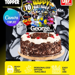 May include: A decorative cake topper featuring a colorful graphic design with the text HAPPY 10 BIRTHDAY and the name George. The topper displays various block-style character figures and is positioned atop a round chocolate cake with white frosting.