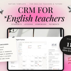 English Tutor CRM Notion Template, ESL Teacher Planner, Student Tracker, Lesson Calendar, Homework & Payment Tracker + Miro Lessons