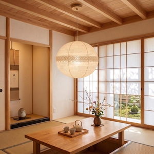 May include: A spherical pendant lamp featuring a cream-colored paper shade with a horizontal band of intricate white lace trim. The light fixture hangs from a thin cord attached to a circular ceiling mount, emitting a soft, warm glow.