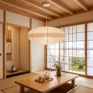 Japanese Style  Linen Pendant Light Shade, Handmade Fabric Lampshade with Optional Crochet Trim, Large Ceiling Lampshade for Living Room