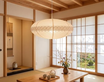 Abat-jour suspendu en lin de style japonais, abat-jour en tissu fait main avec bordure au crochet en option, grand abat-jour pour salon