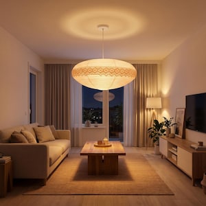 May include: A large, oval-shaped paper pendant light fixture suspended from the ceiling. The shade features a cream-colored paper body with a decorative, intricate white lace-like band encircling the middle, emitting a warm, soft glow.