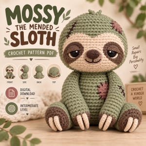 Könnte beinhalten: Ein gehäkeltes Faultier aus salbeigrünem Garn mit dunkelbraunen Pfoten und cremefarbenen Krallen. Das Faultier hat aufgenähte Flicken und dunkle Augenpartien. Text: MOSSY THE MENDED SLOTH, CROCHET PATTERN PDF, Small Repairs Big Personality, DIGITAL DOWNLOAD, INTERMEDIATE LEVEL.