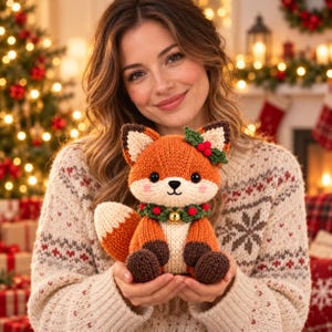Könnte beinhalten: Ein gestricktes Fuchs-Stofftier mit orangefarbenem Fell, cremefarbenem Gesicht und Bauch, dunkelbraunen Pfoten und einem buschigen Schwanz. Der Fuchs trägt ein grünes Kranzhalsband mit roten Beeren und einer kleinen Goldglocke sowie Stechpalmen.