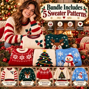 May include: A digital bundle of 5 sweater patterns featuring holiday designs: a holly striped sweater, a reindeer sweater, a snowflake sweater, a Christmas tree sweater, and a snowman sweater. Includes PDF, instant download, and instructions.