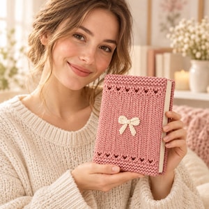May include: A rectangular book cover made of dusty rose knitted yarn featuring a textured vertical rib pattern, a decorative horizontal band of small heart-shaped cutouts at the top and bottom, and a small cream-coloured knitted bow in the centre.