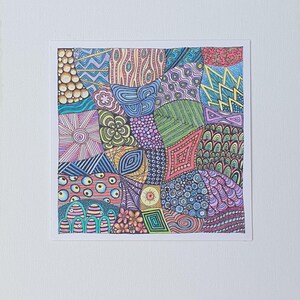 May include: A square drawing featuring a complex collage of hand-drawn patterns in vibrant colours including blue, purple, green, pink, and yellow. The artwork consists of various geometric shapes, floral motifs, wavy lines, and dotted textures.