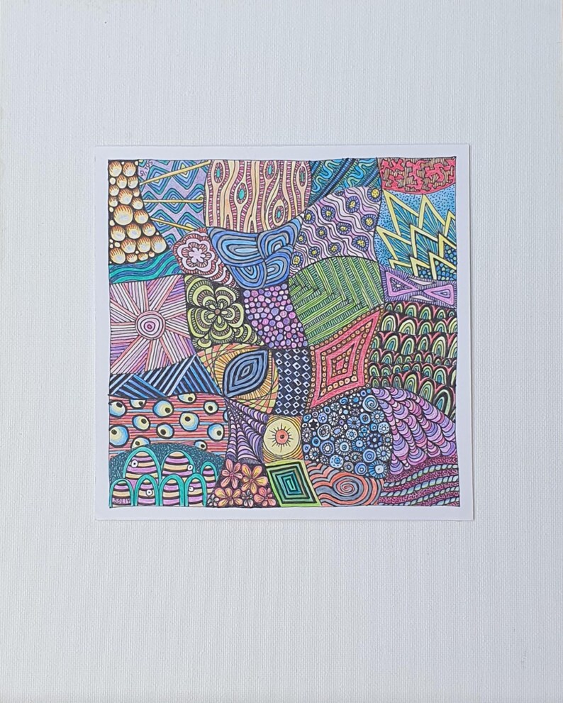 May include: A square drawing featuring a complex collage of hand-drawn patterns in vibrant colours including blue, purple, green, pink, and yellow. The artwork consists of various geometric shapes, floral motifs, wavy lines, and dotted textures.