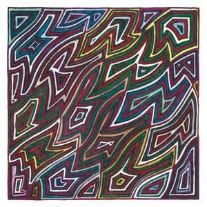 Op de afbeelding: Een vierkant kunstwerk met een dicht, handgetekend patroon van in elkaar grijpende, grillige geometrische vormen. Het ontwerp is gevuld met levendige banden van donkerrood, bosgroen, blauwgroen, geel en lichtroze, omlijnd met dikke, donkere inktlijnen.