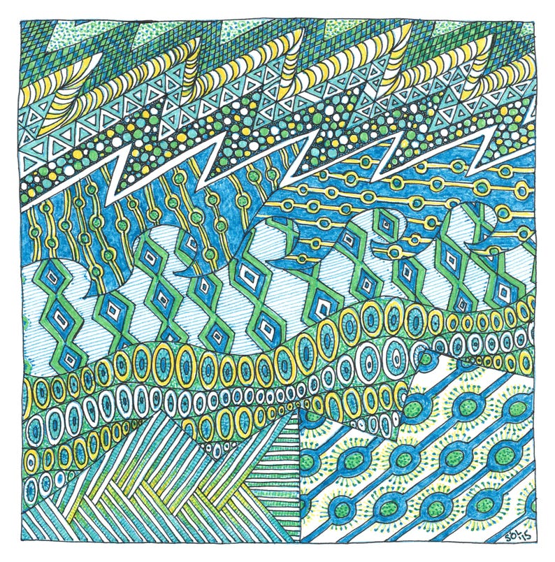May include: A square drawing featuring intricate geometric patterns in shades of blue, green, and yellow. The design includes rows of triangles, circles, wavy lines, and diamond shapes, with a signature in the bottom right corner reading SOL 15.