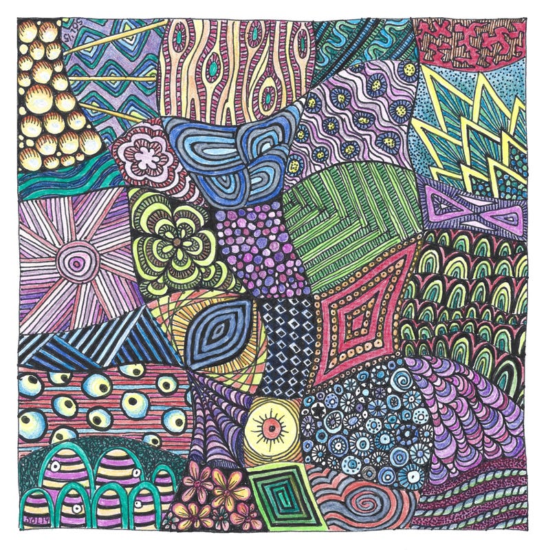 May include: A square drawing featuring a complex mosaic of hand-drawn patterns in vibrant colours including purple, blue, green, yellow, and pink. The artwork consists of various geometric shapes, floral motifs, circles, and lines filled with ink.